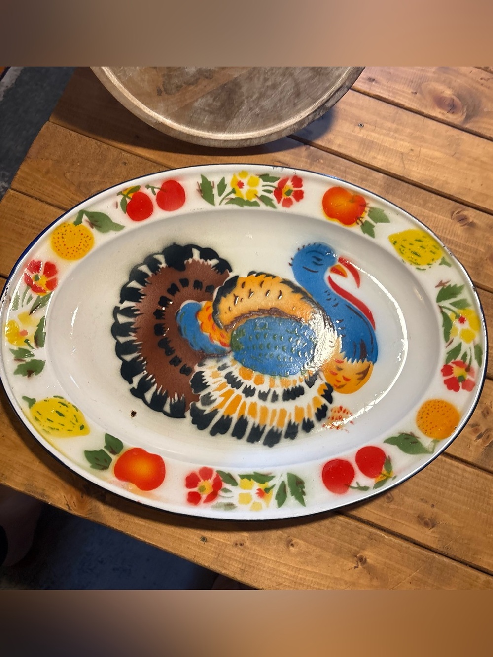 Vintage 60s Vibrant Large Enameled Metal Turkey Thanksgiving Serving Platter 18”